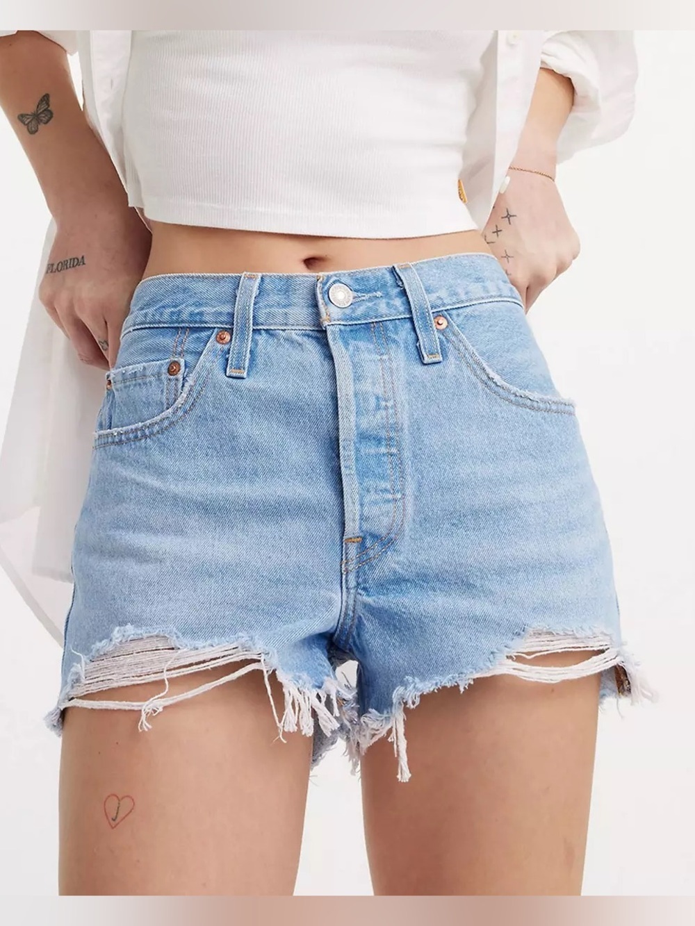 Levi's Original 501 Jeans Shorts Premium Light Blue 28 Distressed Cutoff Shorts
